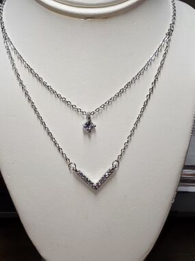 Silver Tone Double-Layer V Pendant Necklace - NEW